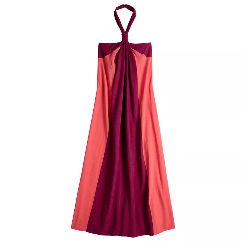 Women's Nine West Halter Colorblock Maxi Dress in Coral and Burgundy, Size L - Picture 2 of 8